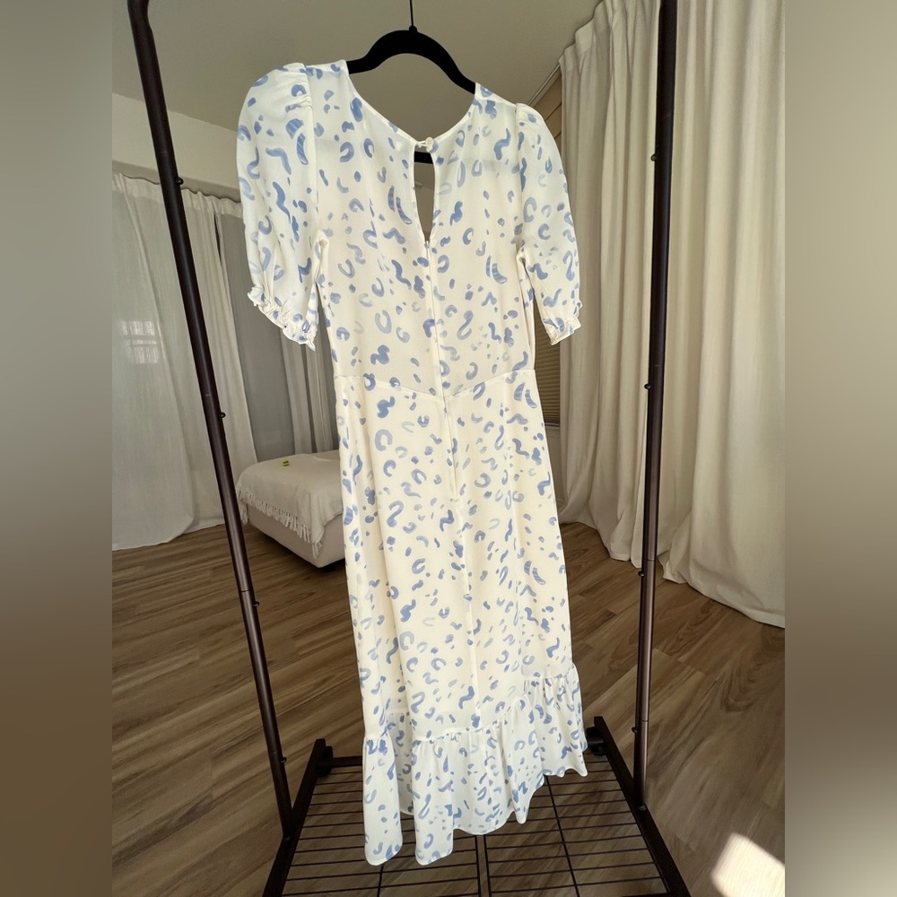 Reformation Nantes Midi Dress Pouf Sleeve Ruffle Hem in Marc - Picture 4 of 6